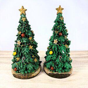 Pair 8" Christmas Tree Figurines Ceramic Holiday Festive Decor Gingerbread Stars